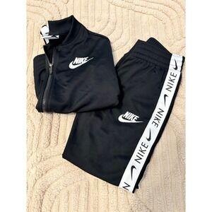 Nike Kids Tracksuit Set Black White Logo Tape Zip Jacket Joggers Size M